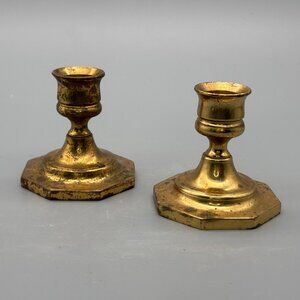 Vintage English Brass Candlestick Holders With Octagon Bases Aged Patina Pair